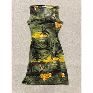 Vintage Y2K Tropical Sunset Palm Tree Faux Wrap Sleeveless Mini Dress Green S